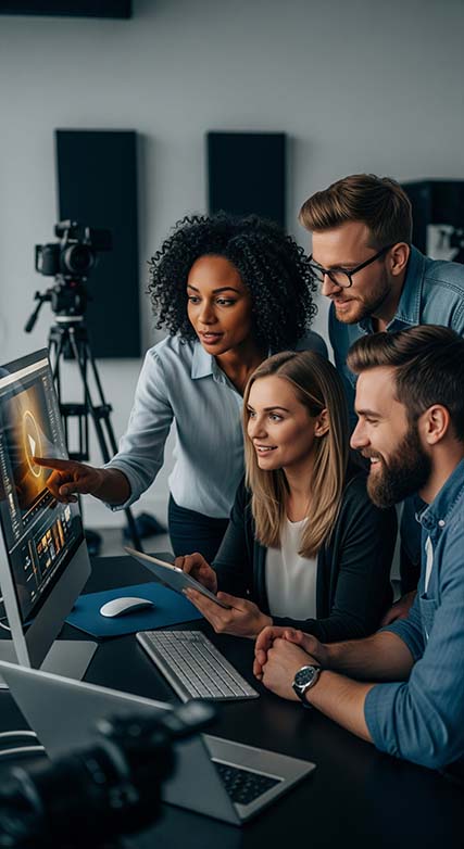 video gold Team collaborating on digital project in modern office.