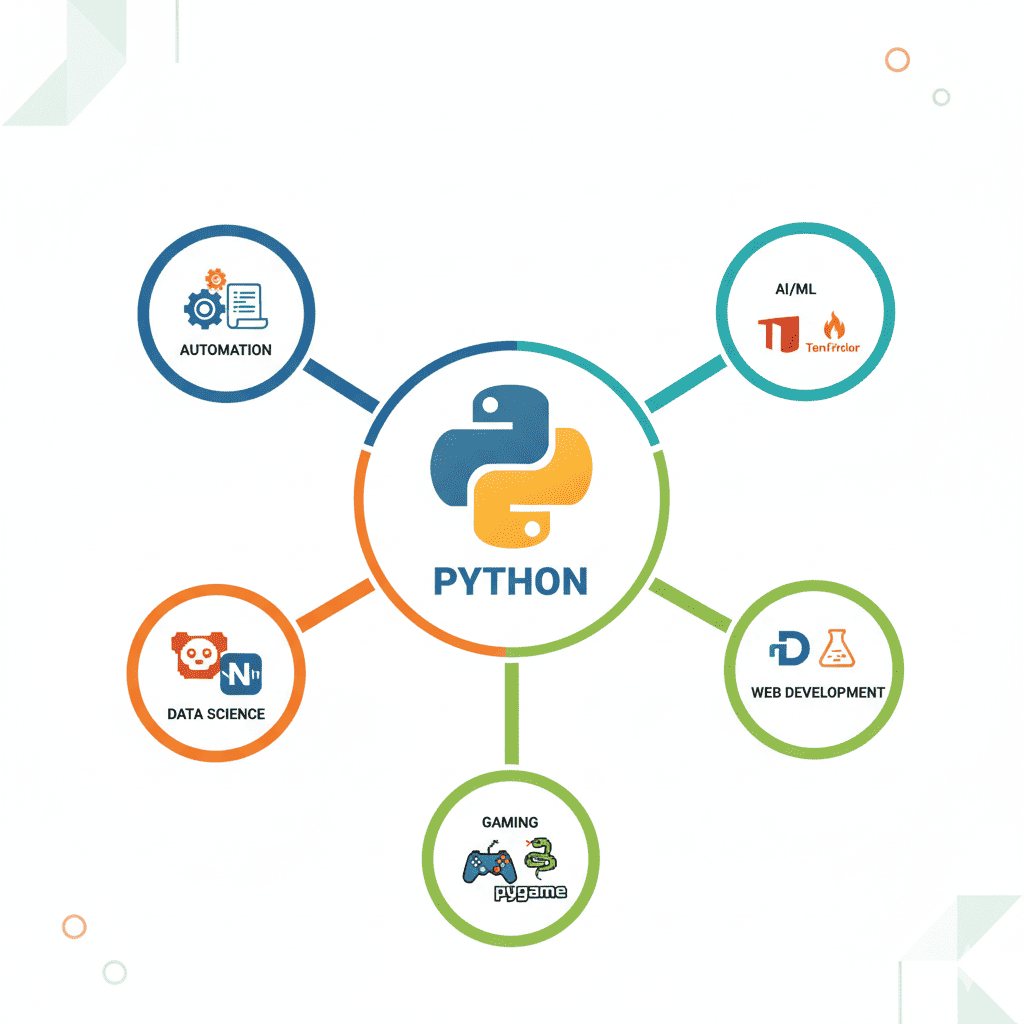 Python ecosystem diagram showing automation, AI/ML, web development, data science, and gaming