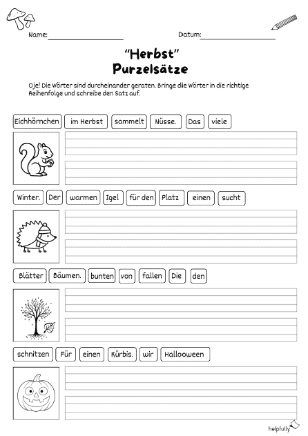 Purzelsätze für den Deutschunterricht im Herbst ausdrucken