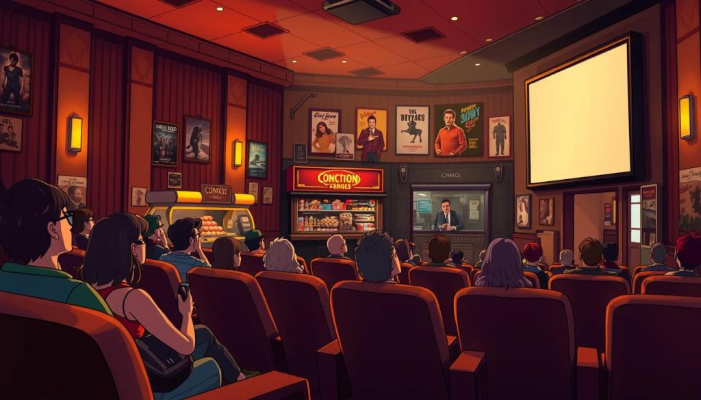 A cozy, dimly lit movie theater with plush velvet seats and a warm, amber-toned lighting. In the foreground, a group of engaged moviegoers watches intently as the film plays on the large, high-definition screen. The middle ground features a concession stand with a classic, vintage aesthetic, offering a variety of delectable snacks and refreshments. In the background, the lobby is adorned with film posters and memorabilia, creating a nostalgic, cinematic atmosphere. The overall scene conveys a sense of immersion and enjoyment, perfectly capturing the essence of a cinematic experience. A cozy, dimly lit movie theater with plush velvet seats and a warm, amber-toned lighting. In the foreground, a group of engaged moviegoers watches intently as the film plays on the large, high-definition screen. The middle ground features a concession stand with a classic, vintage aesthetic, offering a variety of delectable snacks and refreshments. In the background, the lobby is adorned with film posters and memorabilia, creating a nostalgic, cinematic atmosphere. The overall scene conveys a sense of immersion and enjoyment, perfectly capturing the essence of a cinematic experience.