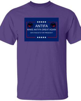 Purple "Make Antifa Great Again" T-shirt. The design features the Antifa symbol, stars, and the text "Anti-Fascists for President." A heavy cotton anti-fascist protest tee.