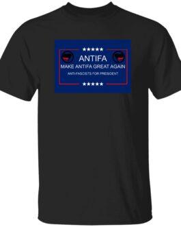 Black t-shirt featuring a blue square design with "Antifa" in bold white letters, five stars above and below, and the slogan "Make Antifa Great Again" and "Anti-Fascists for President" in white text.