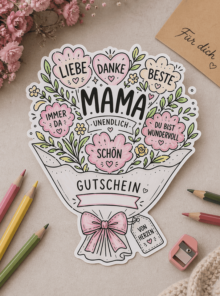 Ein Blumenstrauß mit Liebe drin - Schöne Gutscheinkarte für Mütter basteln!
