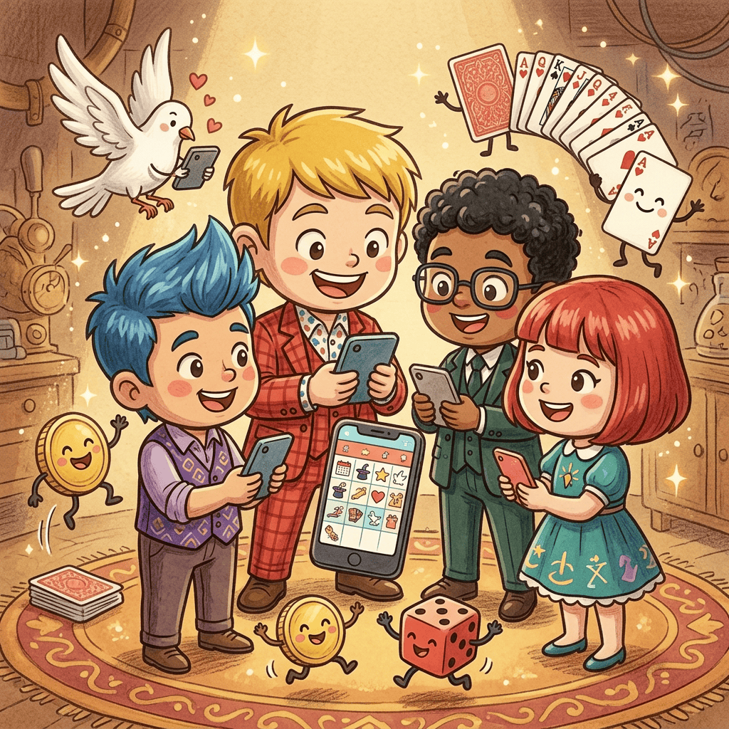 出演カレンダーをWebアプリ化したらメンバー全員がリアルタイムでシフト確認できるようになった。AIエージェントに「作って」って言っただけ 3 4人のマジシャンがスマホでカレンダーを確認し合う温かいチビキャラ風イラスト。全自動の仕組みの中にチームへの思いがつまっていることを表現