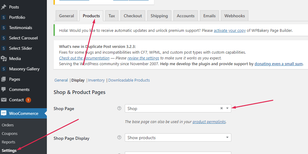 Select shop page in WooCommerce settings products