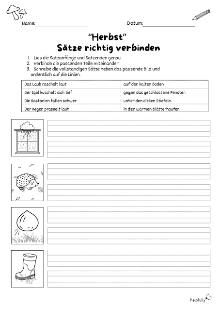 Sätze verbinden für den Deutschunterricht im Herbst ausdrucken