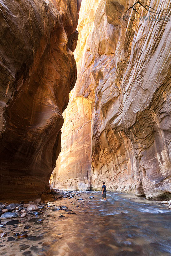 Flo zwischen den Felswänden der Narrows im Zion Nationalpark in Utah