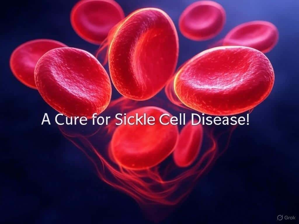 Vibrant red blood cells, a visual representation of hope for those with sickle cell disease. Text reads: "A Cure for Sickle Cell Disease!" Highlighting the promise of gene therapy and medical advancements for blood disorders.