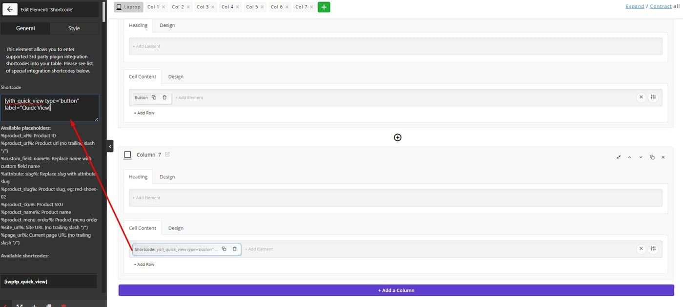 paste shortcode in table shortcode element