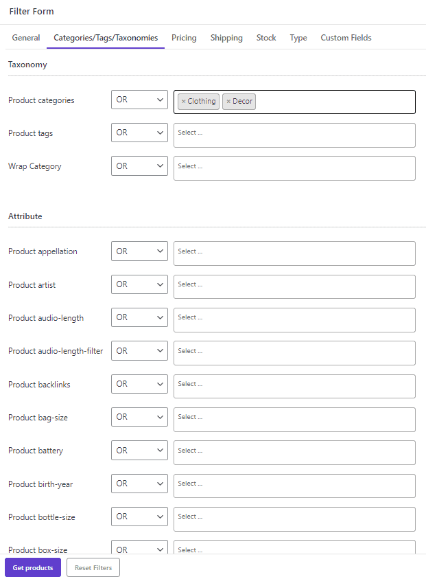 add Product Categories field in Filter Form
