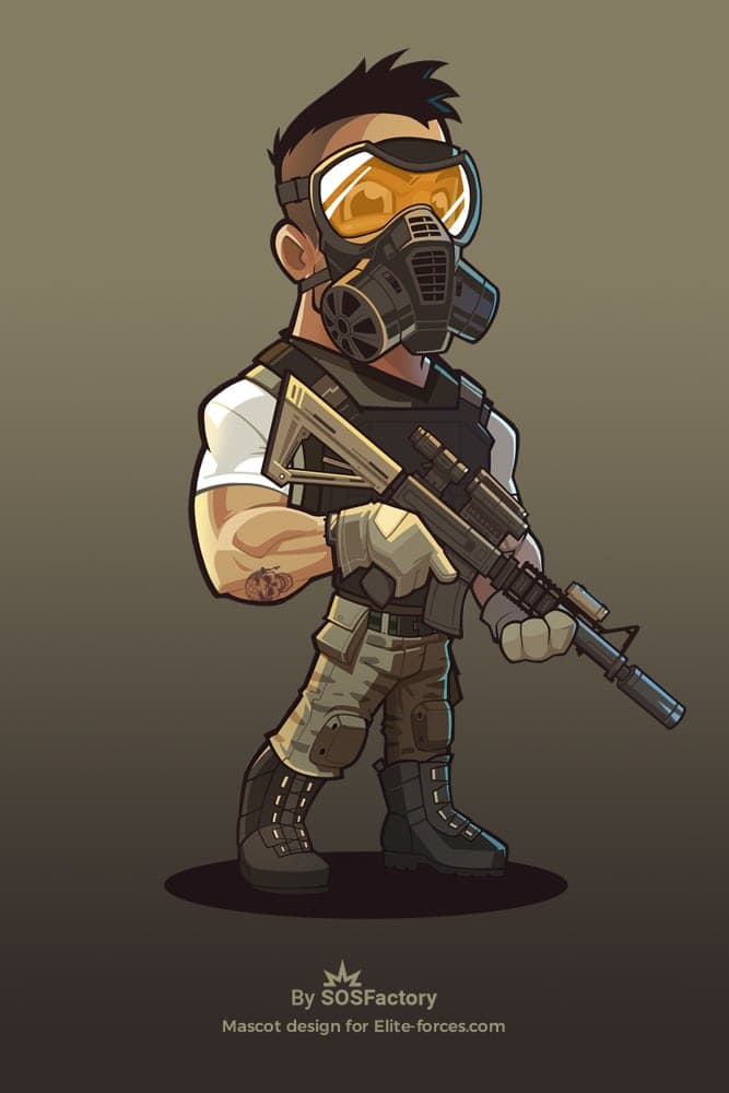 Cartoon character design of a soldier in combat gear with a serious expression and a rifle.