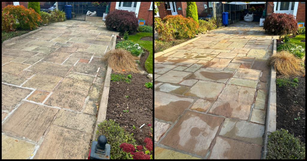 Indian sandstone patio before after cleaning Barlaston - lichen black spot removal pressure washing Williams Exterior Shine
