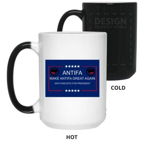 1169-12308-107815088 “Make Antifa Great Again” magic mug: black ceramic heat reveal mug turns white when hot, revealing the Antifa political slogan. A unique anti-fascist gift!