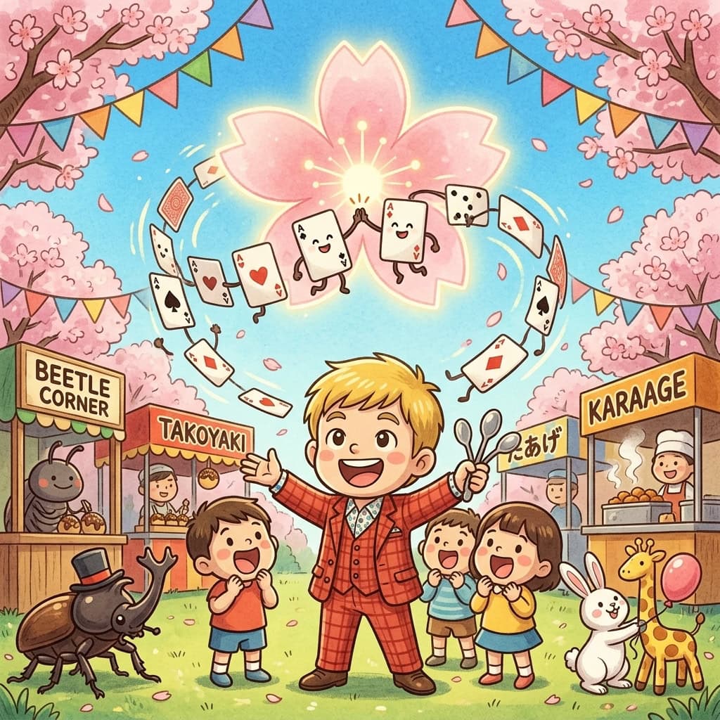 【3/22開催】たかおか こどもまんなかフェス2026|新高岡駅南口公園で遊び尽くそう! 1 たかおか こどもまんなかフェス2026 新高岡駅南口公園でマジシャンが子どもたちにマジックを教えている春のイラスト