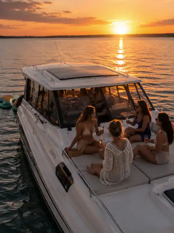 Bachelorettes enjoying a sunset charter on the deck of a catamaran