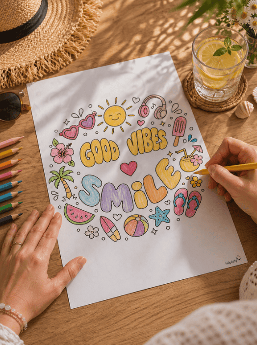 A4 Vorlage zum Ausdrucken mit Sommermotiven und Scghriftzügen zum Ausmalen für Good Vibes!