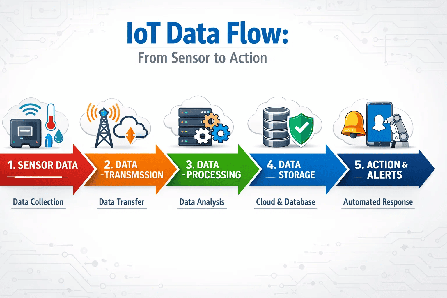 Step-by-step flowchart illustrating how basic components of IoT system work together from sensing to user interaction