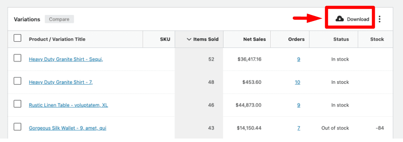 Press Download button for Export WooCommerce variation report to CSV