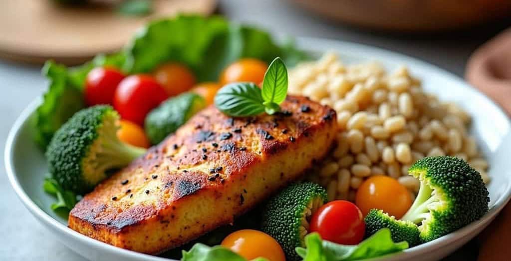A plate of grilled tofu with cherry tomatoes, broccoli, and pine nuts, garnished with a mint leaf, on a bed of green lettuce.