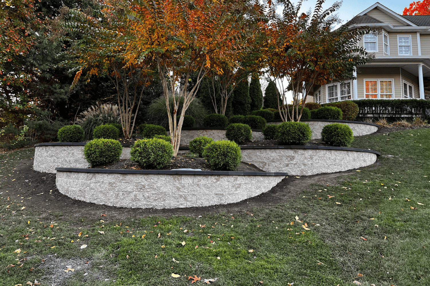 Tiered stone retaining walls with evenly spaced round shrubs and small trees enhance the sloped lawn in front of a house.