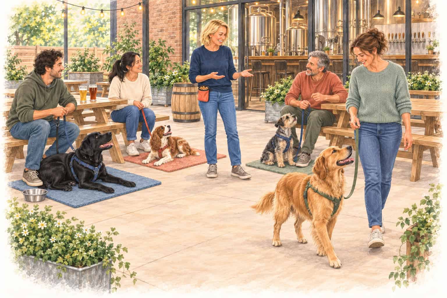 Gad illustration of people and dogs practicing comfortable settling and loose-leash skills on a brewery patio.