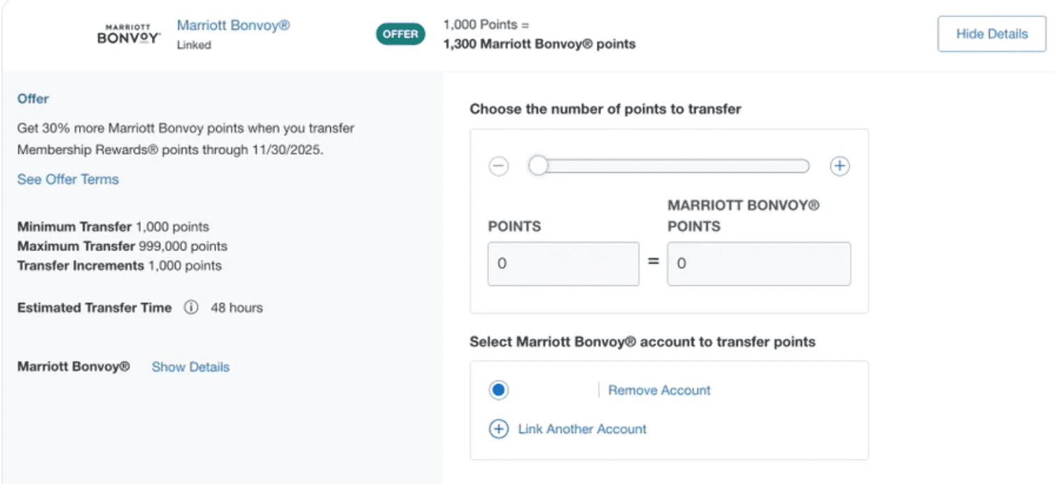 American Express 30% Transfer Bonus to Marriott Bonvoy 1 Example of transferring Membership Rewards points to Marriott Bonvoy points