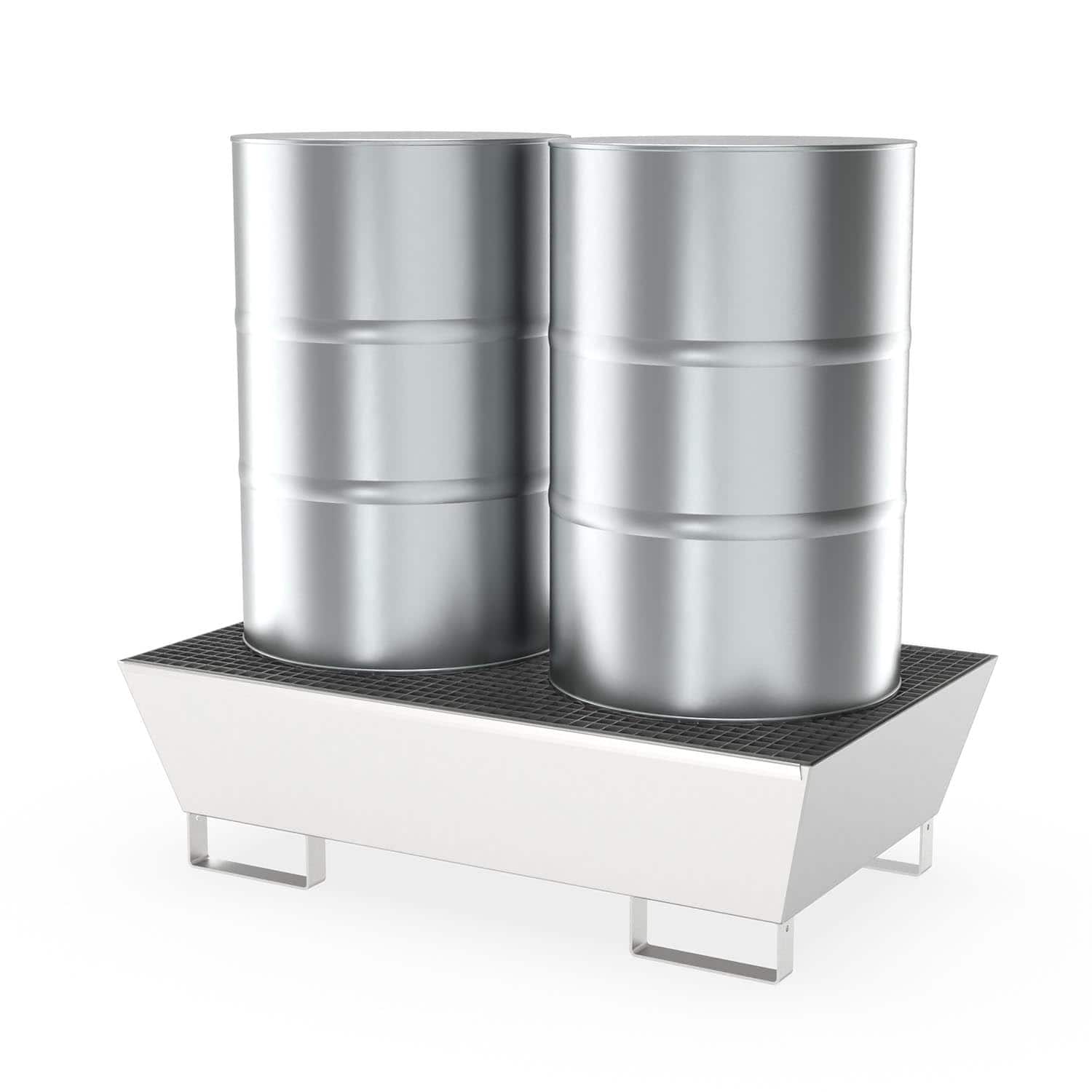 Auffangwanne aus Edelstahl für 2 x 200 l Fässer, Auffangvolumen 205 l, stapelbar