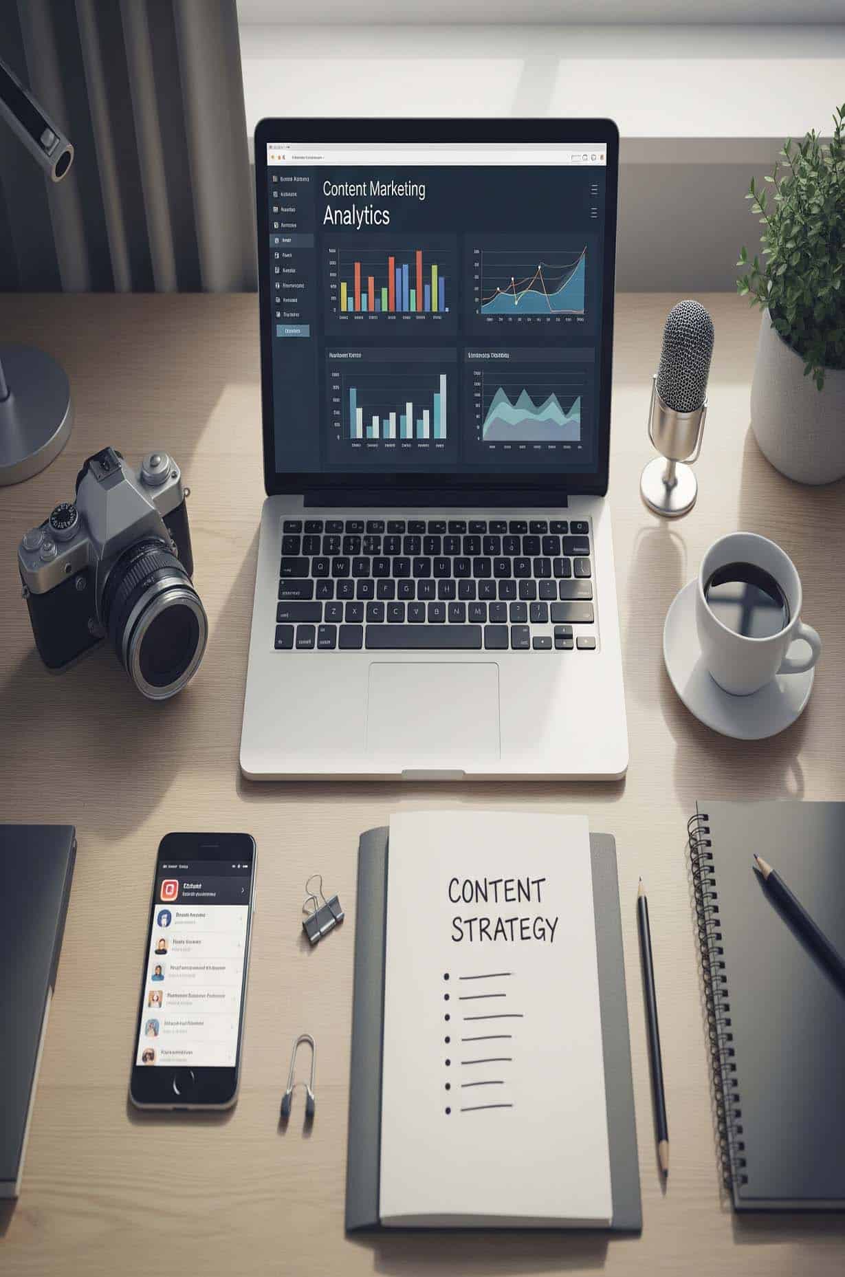 content marketing dublin Content marketing desk setup with laptop and camera.