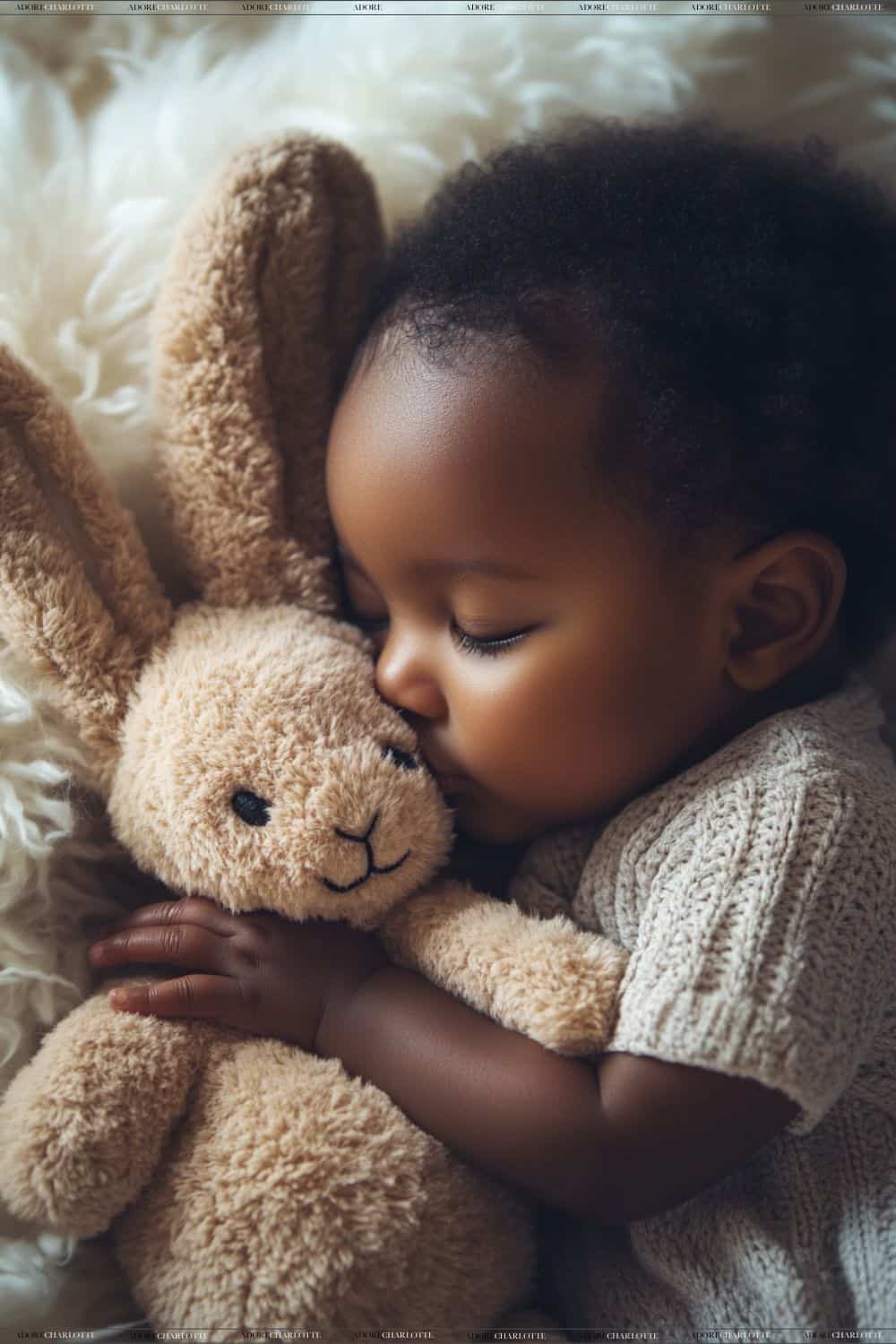 baby sleeping holding his easter bunny rabbit