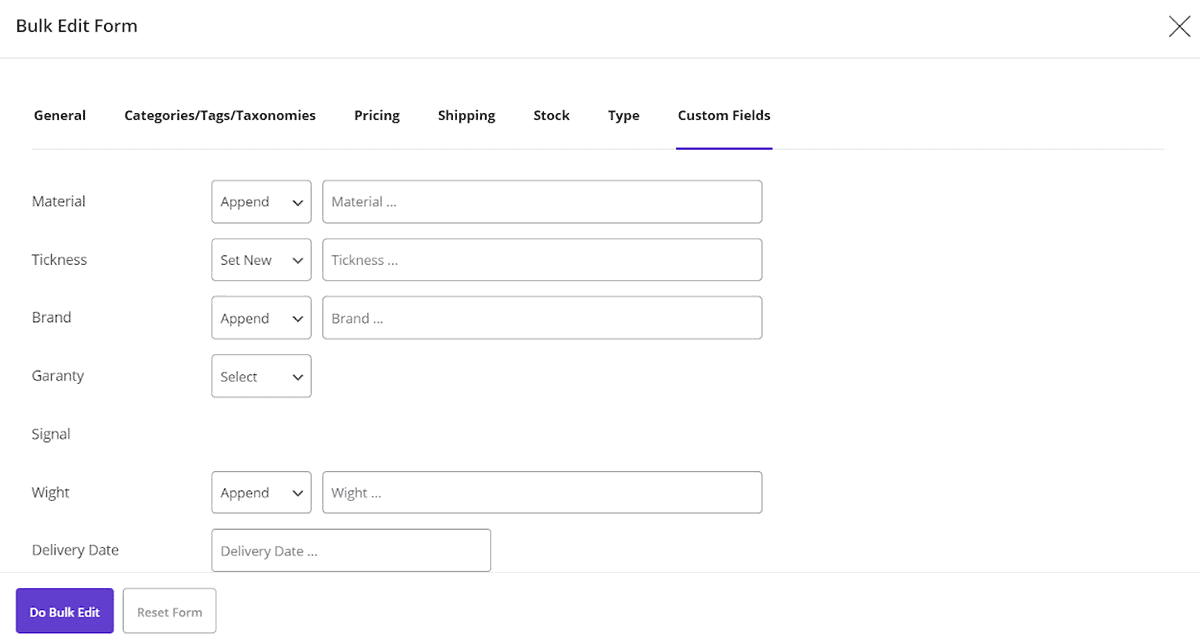 Bulk edit product meta fields WooCommerce