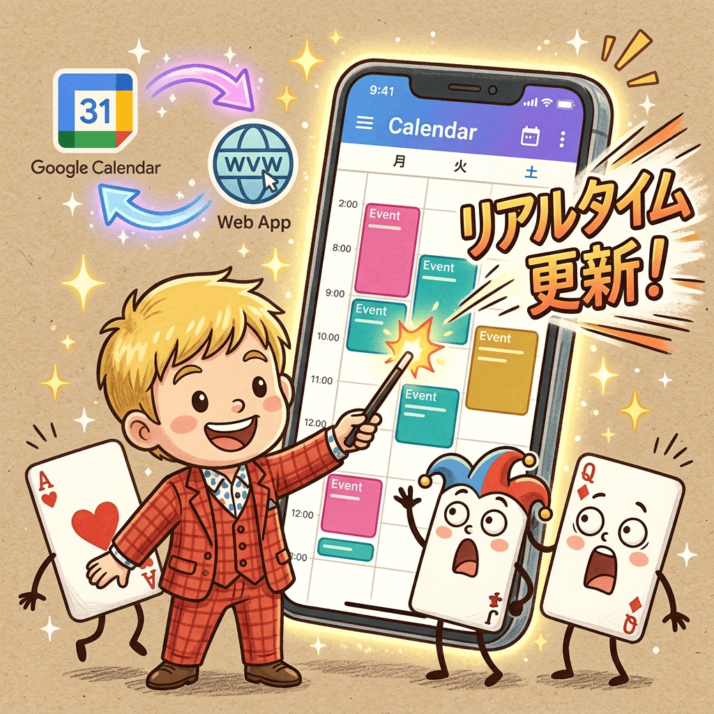 出演カレンダーをWebアプリ化したらメンバー全員がリアルタイムでシフト確認できるようになった。AIエージェントに「作って」って言っただけ 1 出演カレンダーWebアプリとAIエージェントの連携に大興奮するマジシャンのチビキャラ。大きなスマホ画面にカラフルなカレンダーが表示され、擬人化トランプたちが驚いて覗き込むポップなイラスト