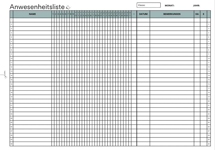 Anwesenheitsliste für Lehrer zum Ausdrucken