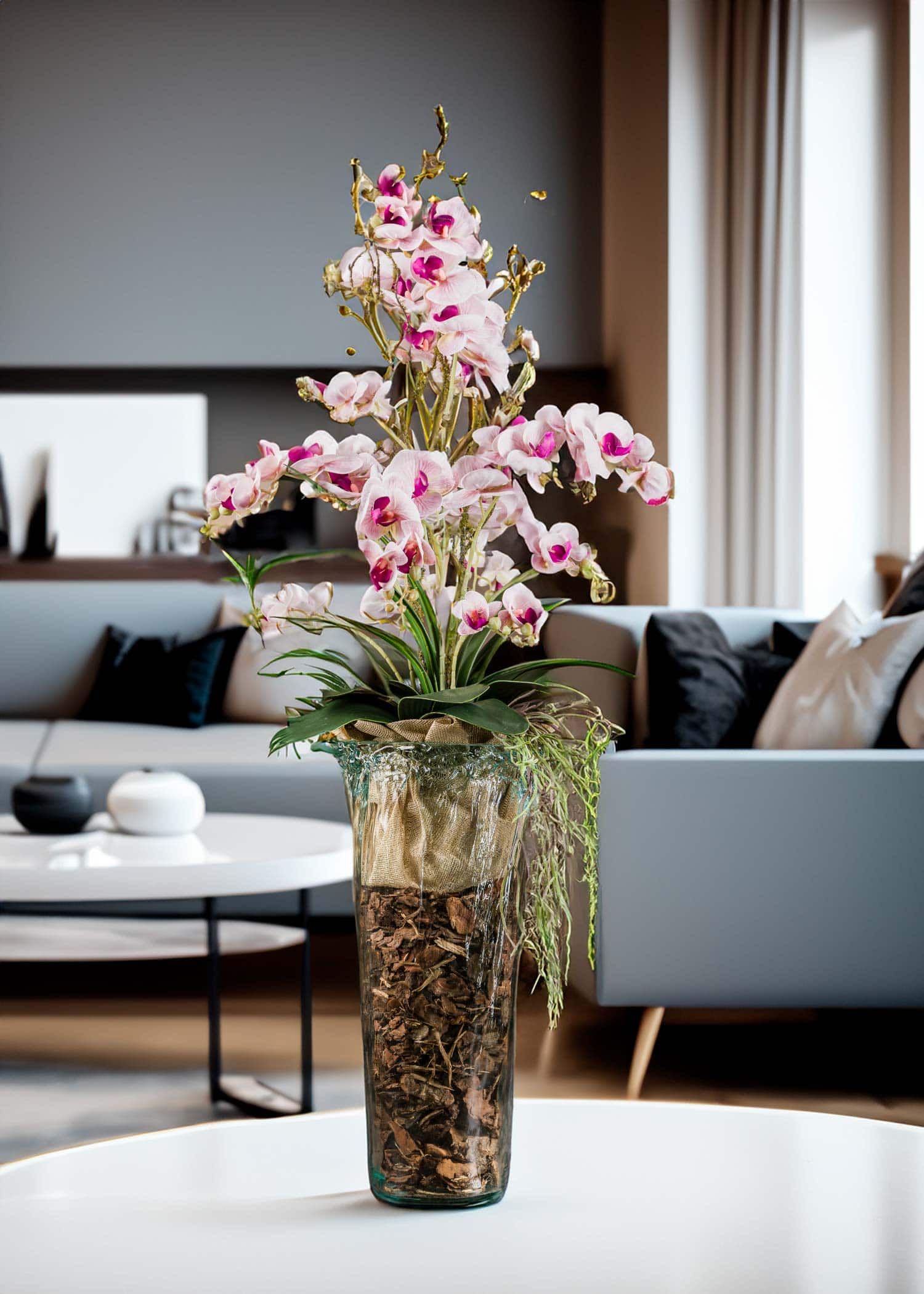 HOMESCAPES Set Di 2 Orchidee Artificiali In Vaso Ceramica Nera – Fiori Finti Realistici Color Crema E Rosa, Decorazione Casa