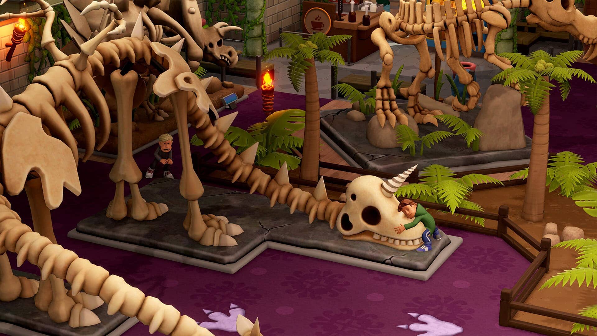 ss_0c445175dce498ae8fbb9328ad7757d1f427f374.1920×1080 Squelette de dinosaure en os sculpté, décor d’intérieur avec plantes tropicales et ambiance mystérieuse, parfait pour une salle d’attraction ou un musée préhistorique.