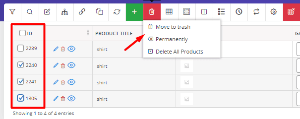 select move to trash option to delete products in WooCommerce