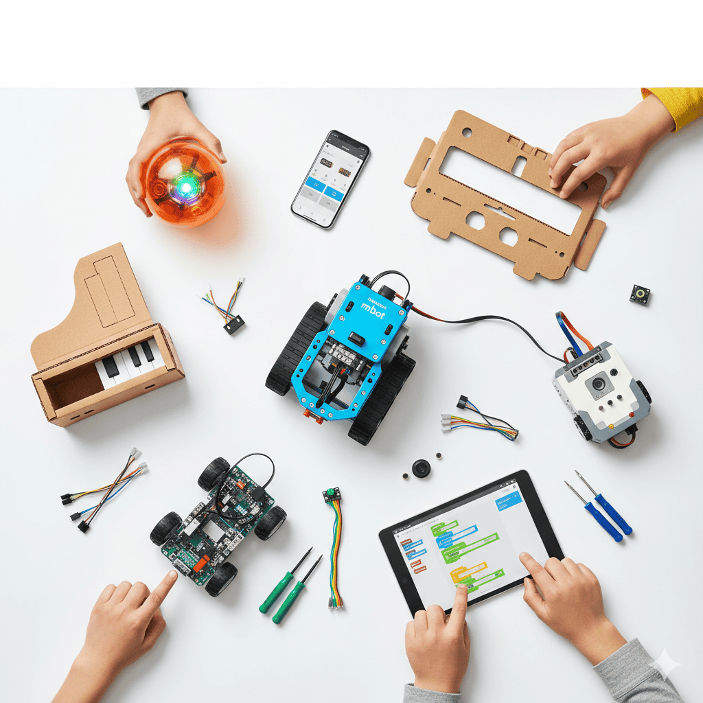 Top view of kids assembling robotics kits with circuits, tools, tablet coding interface, and electronic components on a table.