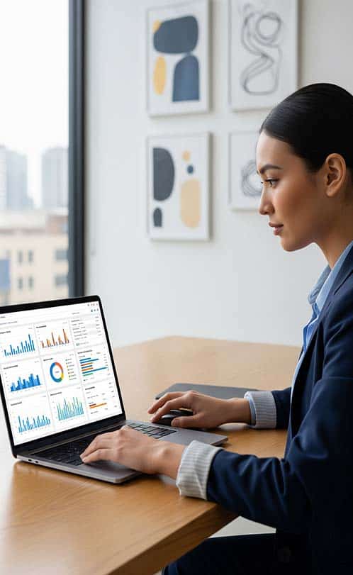 online marketing gb Businesswoman analysing graphs on laptop in office.