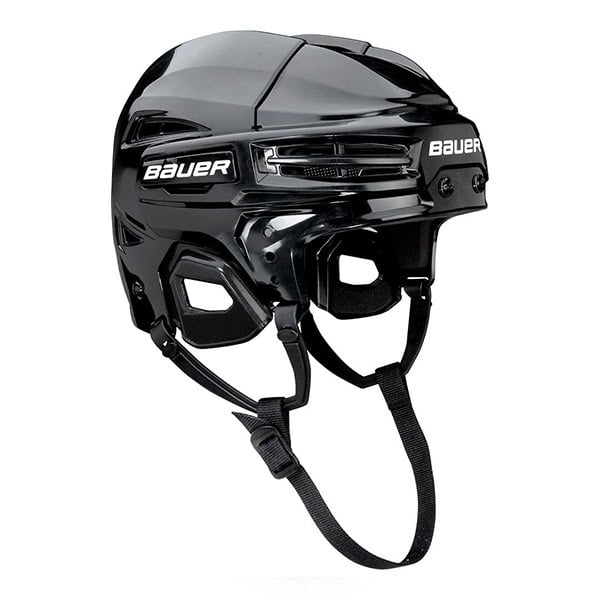 The Bauer Prodigy Helmet Only is a black hockey helmet featuring a chin strap, ventilation slits, and white Bauer branding on the front and side.