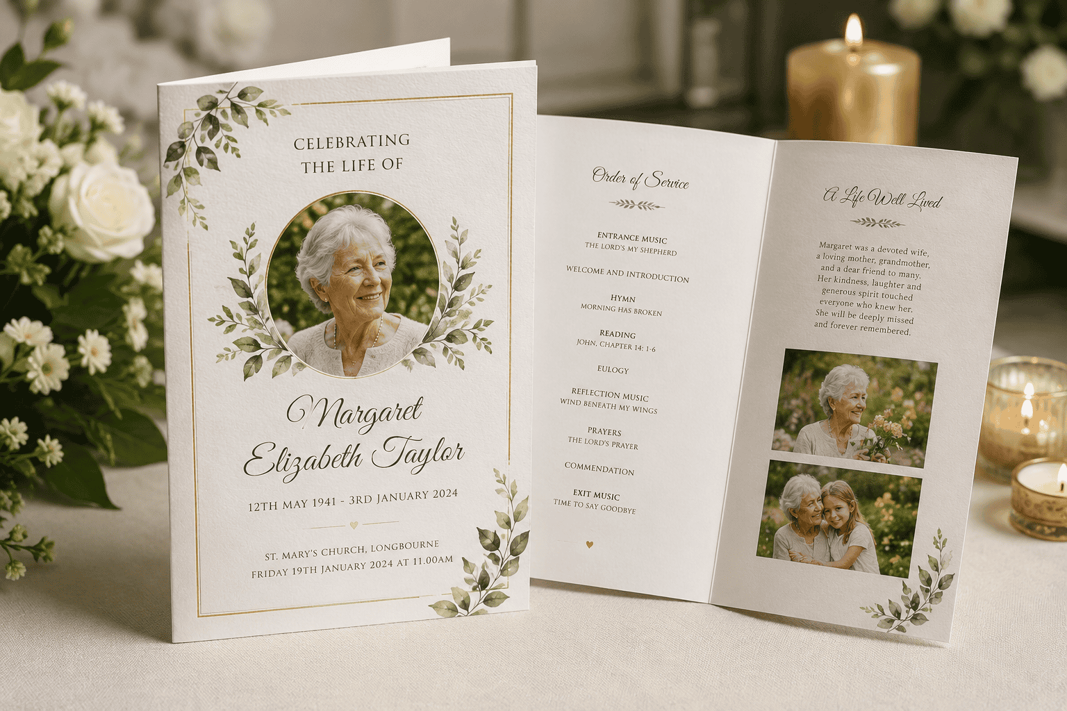 Bespoke funeral order of service booklet professionally designed and printed in the UK