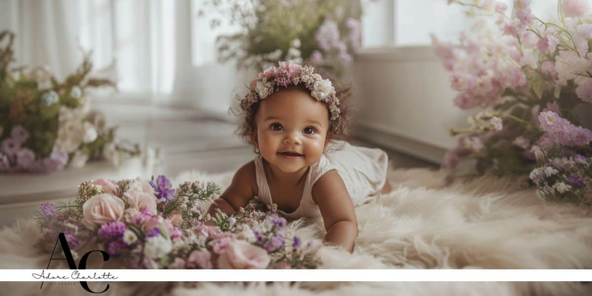 Home Easter Baby Photoshoot Main Image Cute baby surrounded by spring flowers.