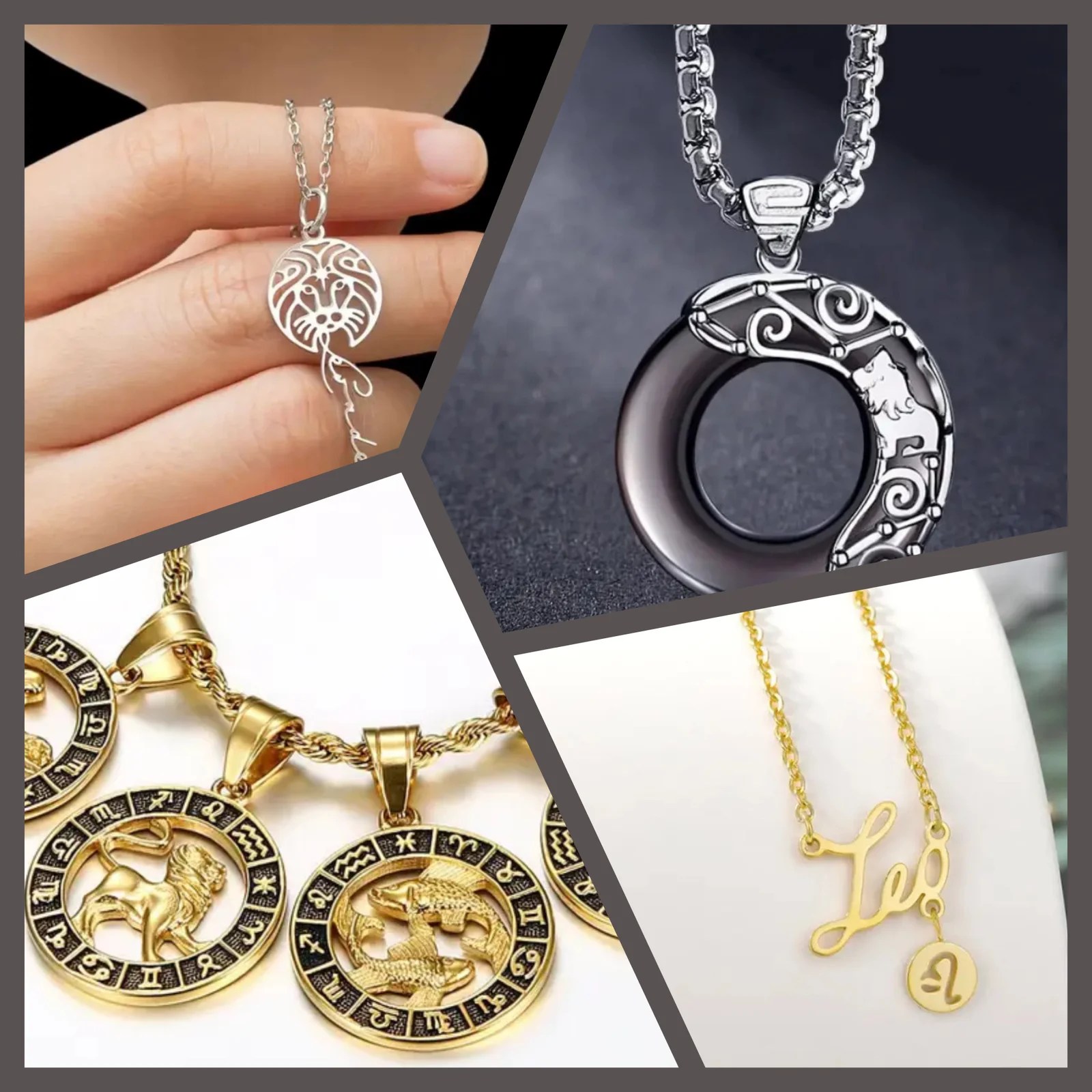 Leo Season 8 A collage of zodiac-themed necklaces: a hand holds a silver Leo pendant, a silver and black round pendant with a lion design, gold zodiac pendants, and a gold Leo necklace on a white display.
