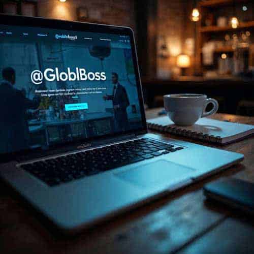 globe boss dublin who we are Laptop displaying '@GloblBoss' website, with coffee and notebook on table.