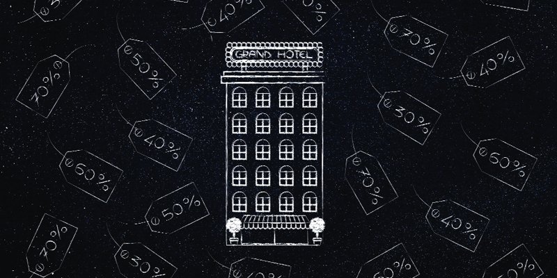A chalkboard-style illustration of a multi-story "Grand Hotel" surrounded by numerous price tags indicating discounts such as "40%," "50%," and "60%." The design suggests promotions or price reductions for hotel rates, highlighting affordability and special deals. The whimsical chalk-drawn aesthetic adds a creative touch to the concept of discounted hotel bookings.