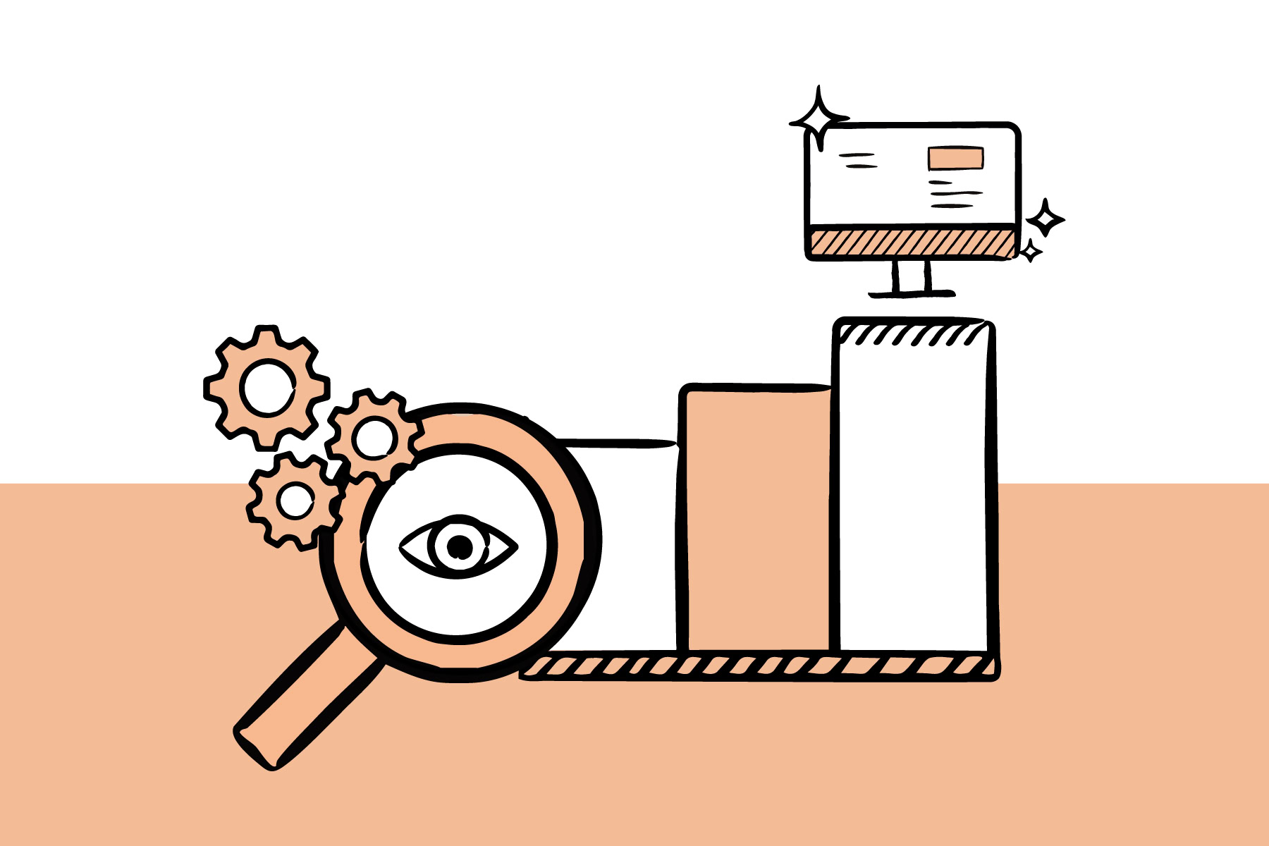 Illustration eines Website-Audits: Ein Balkendiagramm mit einem glänzenden Monitor an der Spitze, davor eine Lupe mit Auge und Zahnrädern.