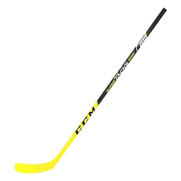The CCM Supertacks 9380 ice hockey stick features a yellow blade and shaft with black and yellow graphics along the handle.