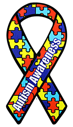 Autism awareness ribbon with a puzzle piece pattern in blue, red, yellow, and light blue, and the words "Autism Awareness" across the ribbon.