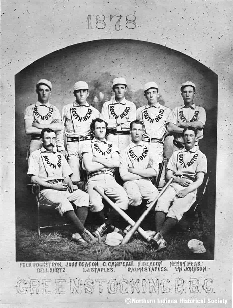 baseball Greenstockings ph 1628 resize 1878 baseball team portrait, vintage black and white photo at The History Museum, showcasing early South Bend baseball players.