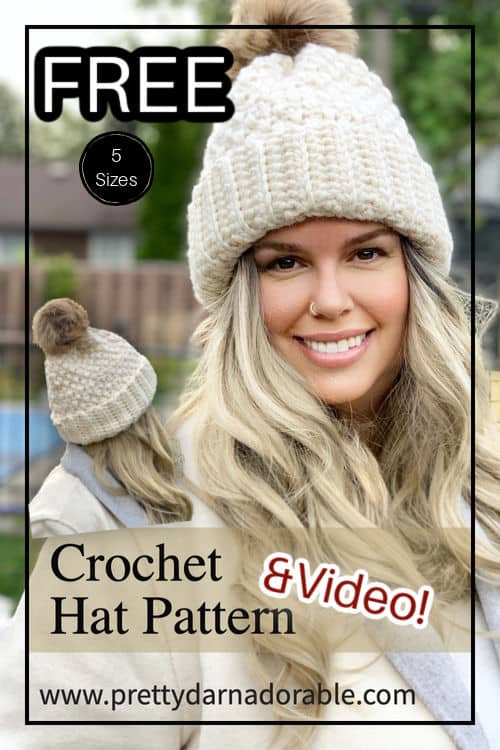 thick cream crochet hat made of super bulky yarn - text reads free crochet pattern in 5 sizes includes video tutorial