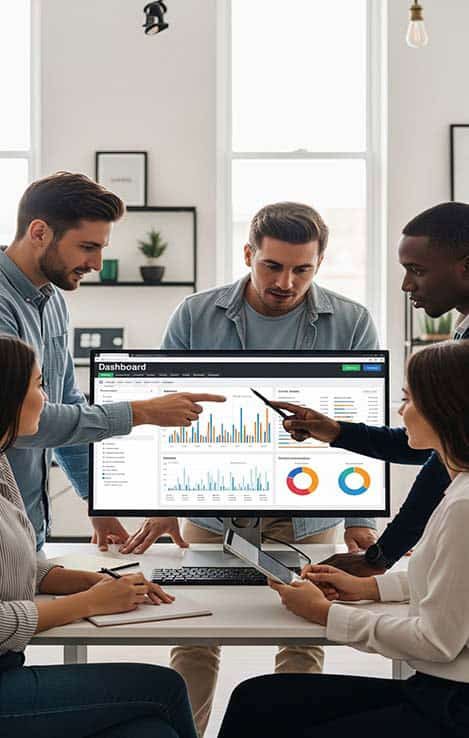 affiliate marketing Diverse team analysing business data on a dashboard display.