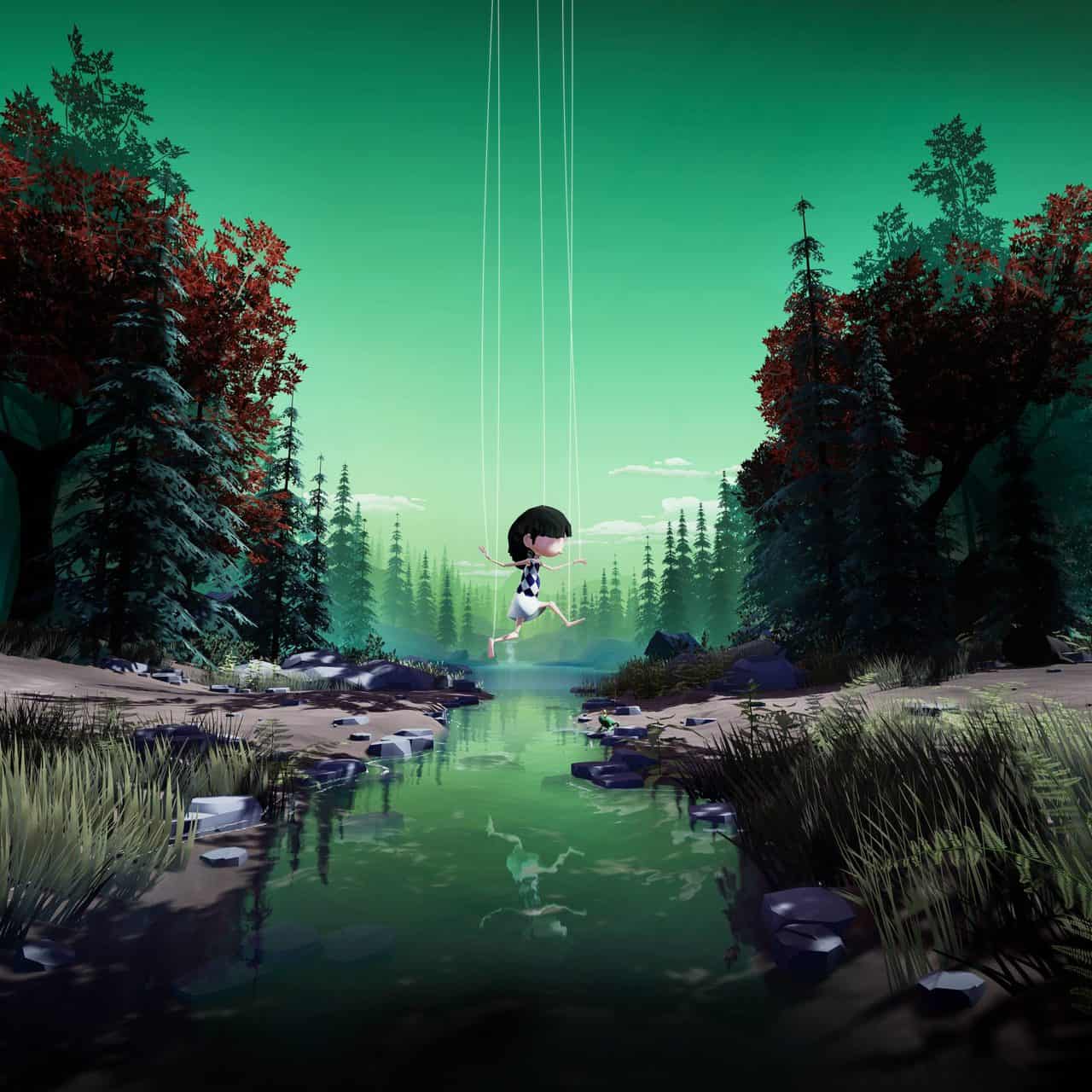 Réalisation d'une image d'un jeu vidéo d'aventure et de simulation dans le style Air-Gaming, avec une petite fille qui fait du téléski dans une forêt abstraite.